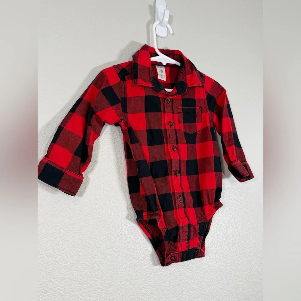 Carter's Onsie Collared Long Sleeve Red Black Checkered Lumberjack Toddler 18M